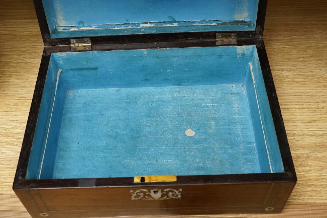 A 19th century rosewood and mother of pearl inlaid work box, 28cm high